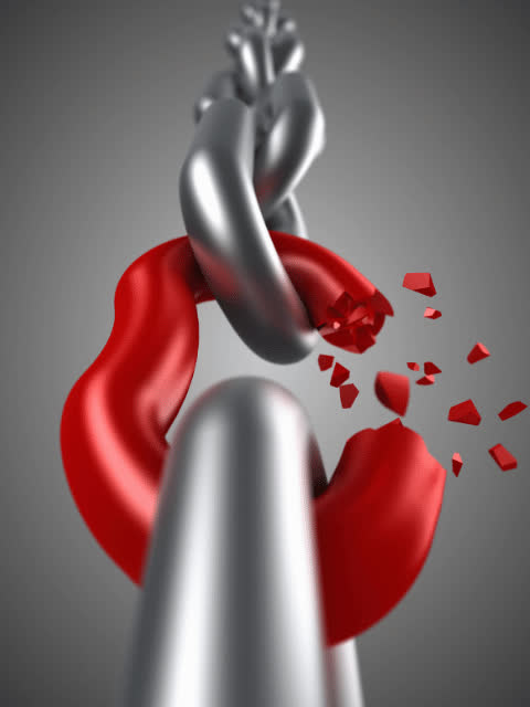 A steel chain link breaking apart in red fragments